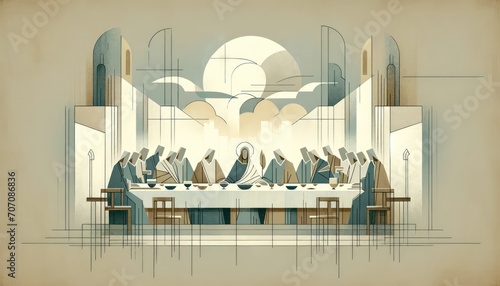 The Last Supper. Jesus. Maundy Holy Thursday. New Testament. Watercolor Biblical Illustration	 photo