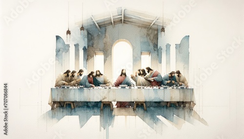 The Last Supper. Jesus. Maundy Holy Thursday. New Testament. Watercolor Biblical Illustration