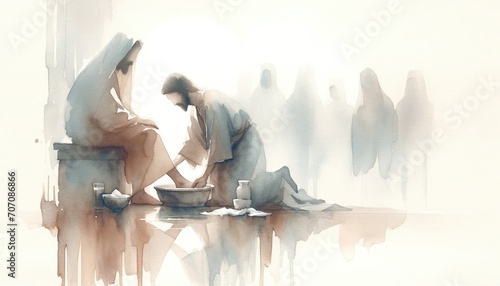 Washing of the Feet. Jesus. Maundy Holy Thursday. New Testament. Watercolor Biblical Illustration	 photo