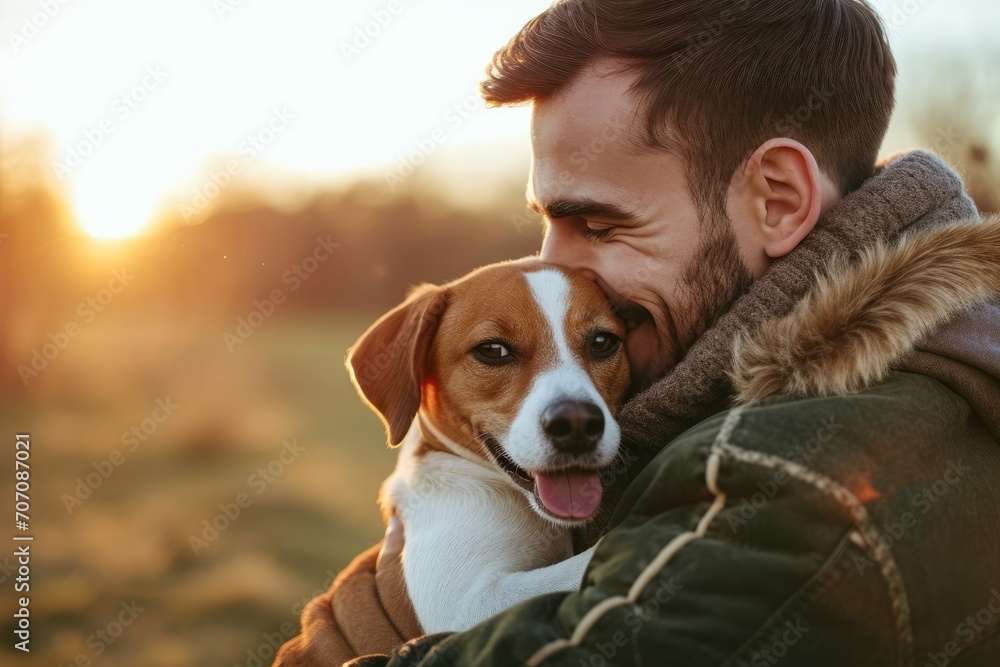 Playful male pet owner with a friendly dog Playful male pet owner with a friendly dog