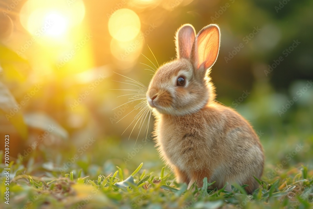 Fototapeta premium A curious domestic rabbit blends into the lush green grass of the outdoor field, embodying the beauty and innocence of all mammals in the wild