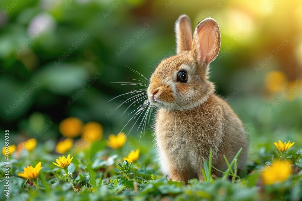 Fototapeta premium A fluffy bunny sits amidst the vibrant green grass, surrounded by colorful flowers, as it blends in with the natural beauty of its outdoor habitat