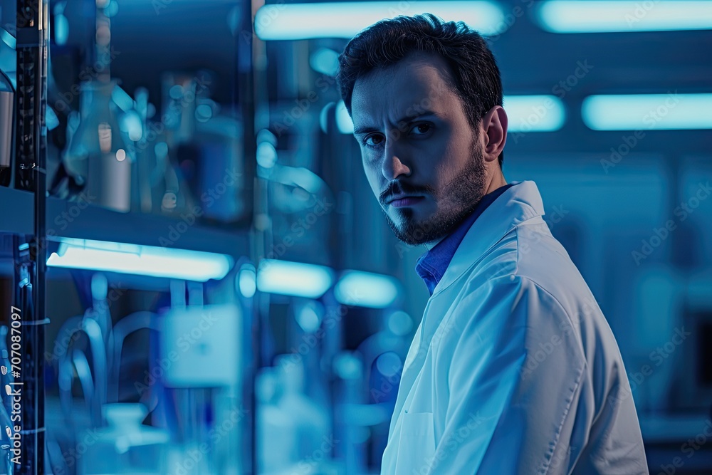 A studious man in a crisp lab coat gazes intently at a computer screen, his piercing blue eyes focused on the intricate data before him A studious man in a crisp lab coat gazes intently at a computer screen, his piercing blue eyes focused on the intricate data before him