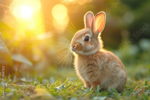 A curious domestic rabbit blends into the lush green grass of the outdoor field, embodying the beauty and innocence of all mammals in the wild