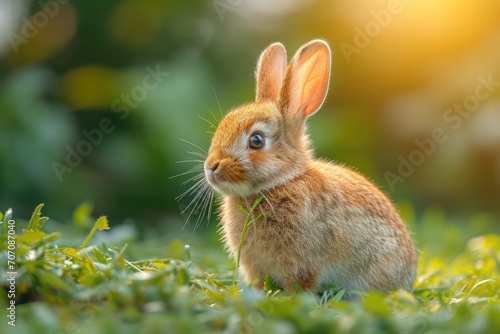 A domestic rabbit explores the vibrant green grass, surrounded by its wild cousins, the mountain cottontail, eastern cottontail, audubons cottontail, snowshoe hare, and brown hare, showcasing the div