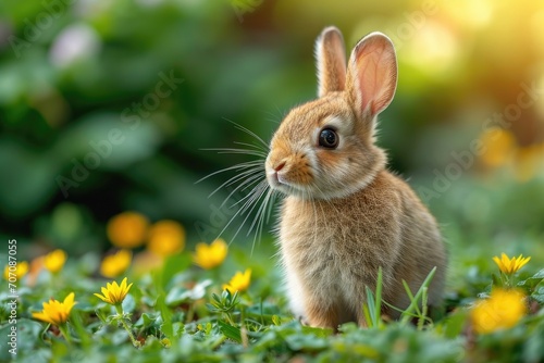 A fluffy bunny sits amidst the vibrant green grass, surrounded by colorful flowers, as it blends in with the natural beauty of its outdoor habitat