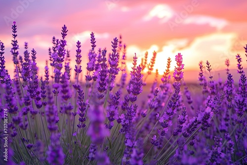 Vibrant violet hues dance among the wispy clouds as the sun rises, illuminating a picturesque field of french lavender in a breathtaking outdoor landscape