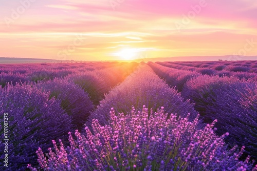 As the vibrant purple hues of the lavender field merge with the fiery sunset sky, the natural beauty of the forb flowers and grasses create a stunning outdoor landscape that captures the essence of n