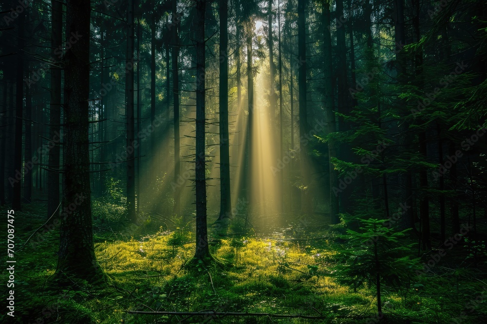 Single sunbeam piercing through a dark forest
