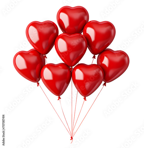 red heart love shape balloons in a bunch on transparent background cutout, PNG file.
