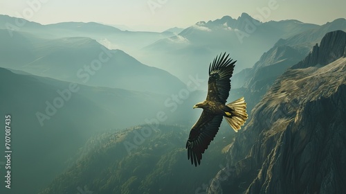 A majestic bird soars gracefully through the expansive mountain range, its powerful wings spread wide against the vivid blue sky, embodying the untamed spirit of nature's beauty and freedom photo