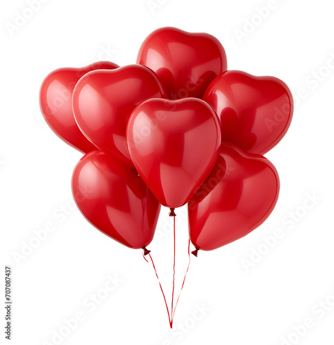 red heart love shape balloons in a bunch on transparent background cutout, PNG file.