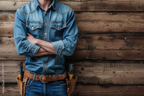 Skilled carpenter with woodworking tools, wearing a denim shirt, against a rustic wooden plank background.