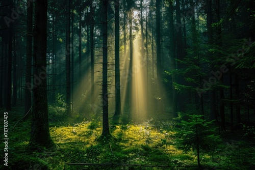 Single sunbeam piercing through a dark forest © furyon