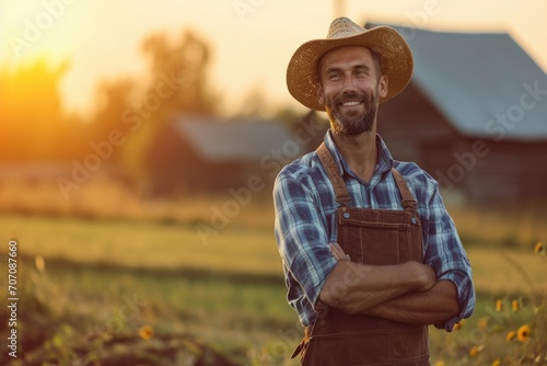 A rugged man sporting a sun-kissed face and a straw cowboy hat stands tall in a field of golden grass, exuding a sense of timeless fashion and rugged masculinity photo