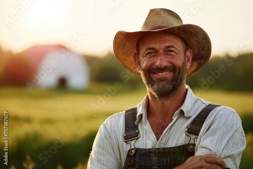 A rugged cowboy stands tall in a sun-drenched field, his weathered face adorned with a wide-brimmed hat, exuding timeless charm and fashion sense photo