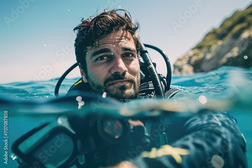 A skilled divemaster gracefully navigates the underwater world, his human face hidden behind an oxygen mask as he explores the vast blue depths in his scuba suit