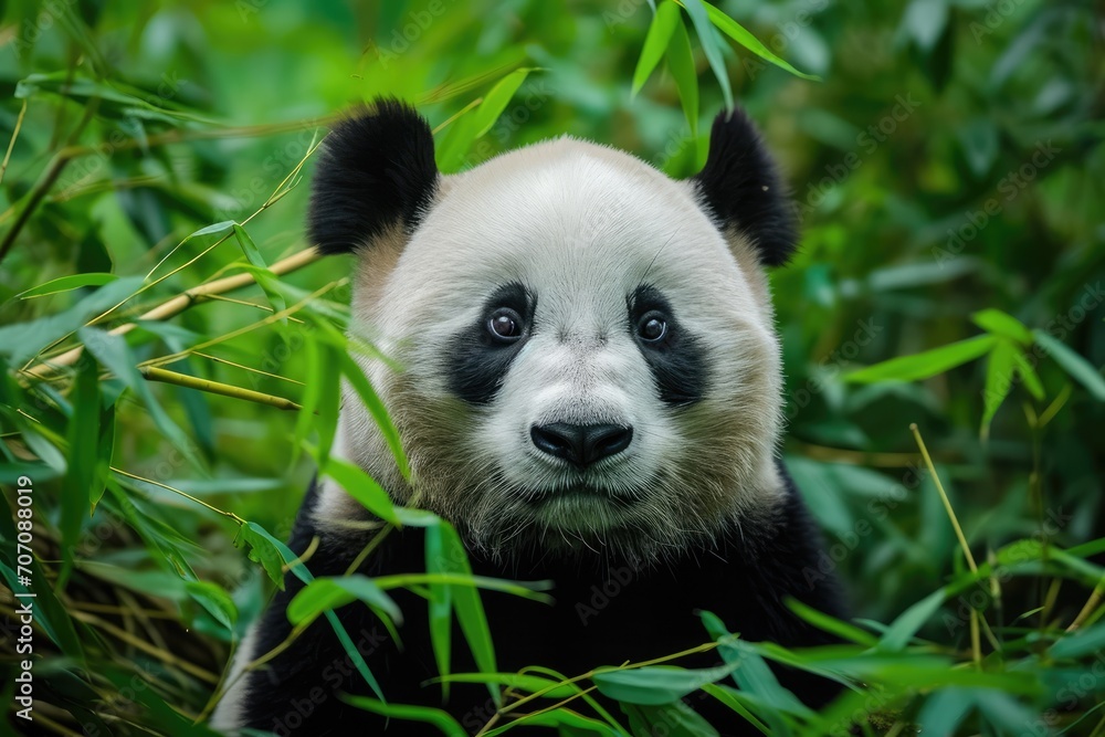 Obraz premium A majestic giant panda emerges from the lush green bushes, its snout twitching as it surveys its outdoor habitat filled with vibrant plants and other wildlife