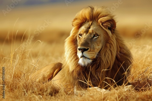 A majestic masai lion rests in the wild grasslands, its brown fur blending seamlessly with the outdoor surroundings as it embodies the untamed beauty of this terrestrial big cat