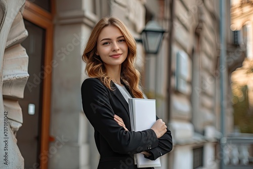 A stylish businesswoman exudes confidence as she struts down the street, her tailored suit and coat highlighting her sharp features and bright smile, clutching a folder filled with her ambitions and  photo