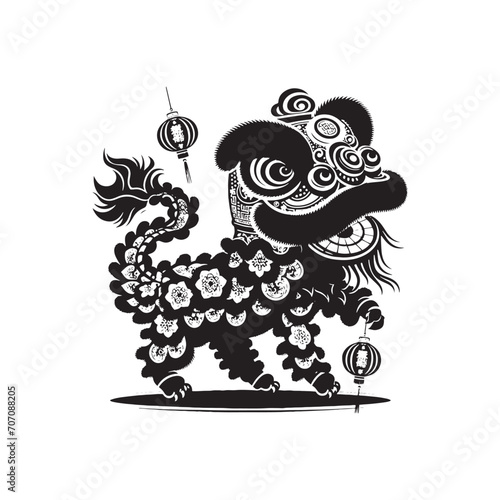 Dynamic Euphoria Captured: Intricate Chinese Lion Dance Reunion Silhouette for Festive Stock Imagery - Chinese New Year Silhouette - Chinese Lion Vector
