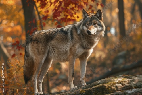 A majestic red wolf, part of the wild canis family, stands confidently on a log in the autumn woods, showcasing its fierce yet elegant nature