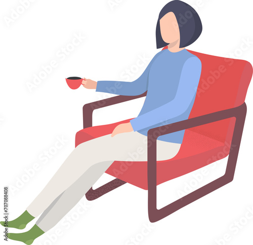 Woman relaxing in chair with cup of tea. Modern female enjoys cozy moment. Leisure time and relaxation vector illustration.