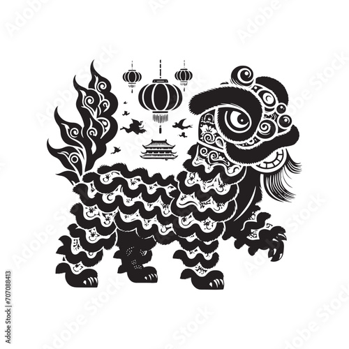 Cultural Harmony Unveiled: Elegant Chinese Lion Dance Reunion Silhouette - Chinese New Year Silhouette - Chinese Lion Vector
