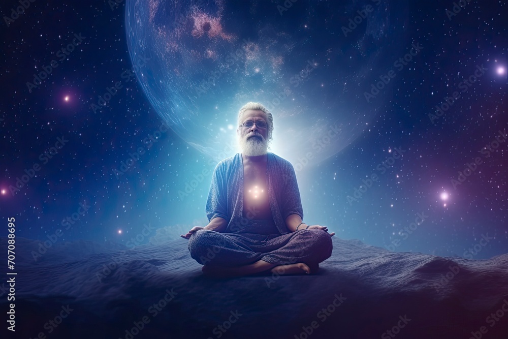 An ethereal portrayal of wisdom and tranquility, this digital artwork captures an elderly sage in deep meditation, his serene expression harmonizing with the cosmic backdrop. Inner peace An ethereal portrayal of wisdom and tranquility, this digital artwork captures an elderly sage in deep meditation, his serene expression harmonizing with the cosmic backdrop. Inner peace