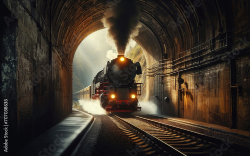 Old steam train pulling into a tunnel belching steam and smoke