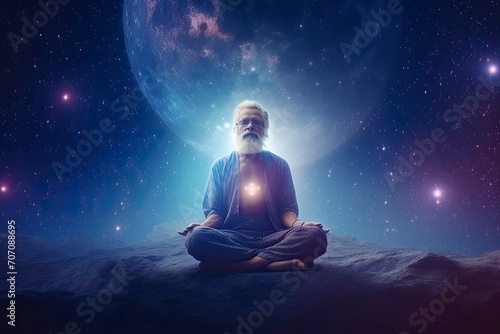 An ethereal portrayal of wisdom and tranquility, this digital artwork captures an elderly sage in deep meditation, his serene expression harmonizing with the cosmic backdrop. Inner peace