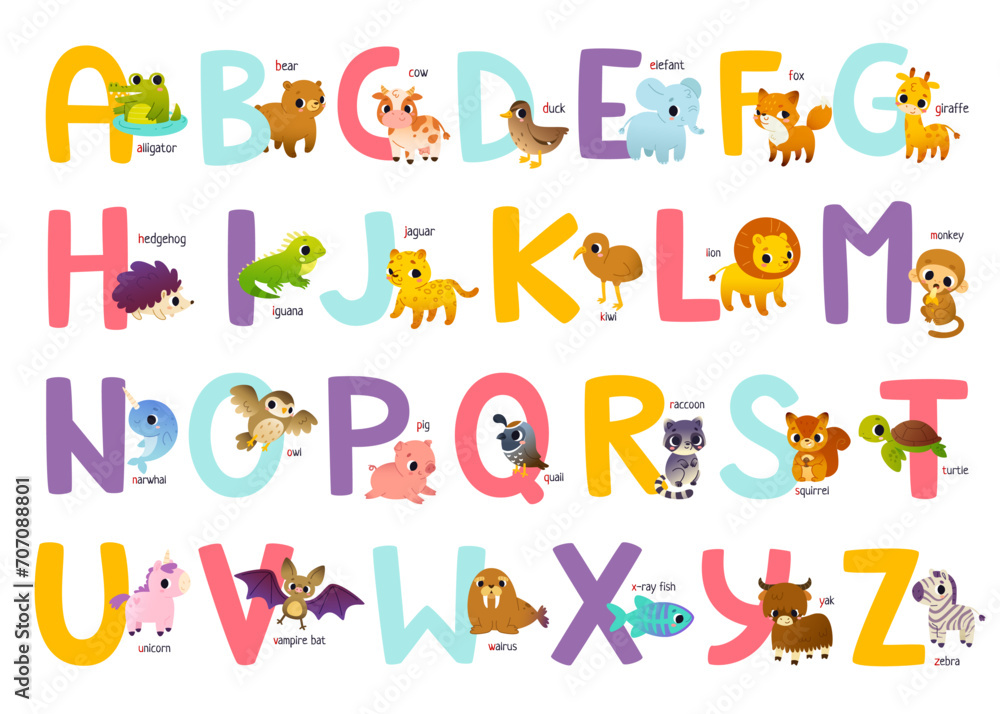 Cute english alphabet for kids with animals. Bright Abc learning decorative poster with cartoon wild animals.