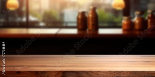 Empty wooden counter with an open window in the style of bokeh blurred summer background