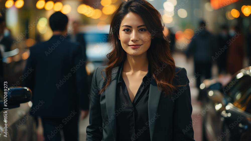 Asian, portrait and businesswoman with night, city and professional entrepreneur in street. Happy, smiling and urban town with Japanese female wearing a business suit for leadership and bokeh success Asian, portrait and businesswoman with night, city and professional entrepreneur in street. Happy, smiling and urban town with Japanese female wearing a business suit for leadership and bokeh success