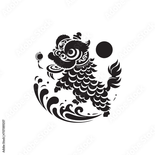 Auspicious Celebration: Graceful Chinese Lion Dance Reunion Silhouette - Chinese New Year Silhouette - Chinese Lion Vector
