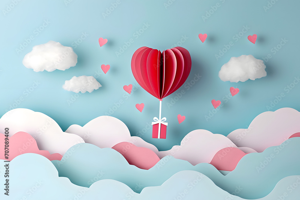 Heart shaped hot air balloons in the sky. Paper art background for Valentine's Day.