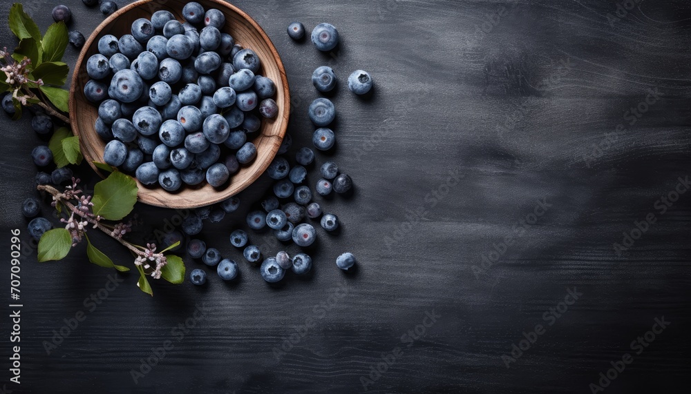 Blueberries on modern dark kitchen table from above Blueberries on modern dark kitchen table from above
