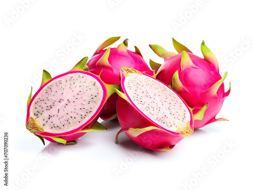 Tropical fruits delicious cut and whole ripe dragon fruits (pitahaya) isolated on white background