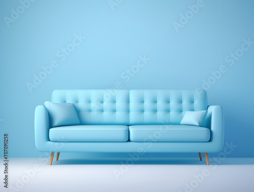 Modern interior. Comfort on a blue sofa against a blue wall  accentuated by the pristine white floor. An ideal space for relaxation and inspiration.