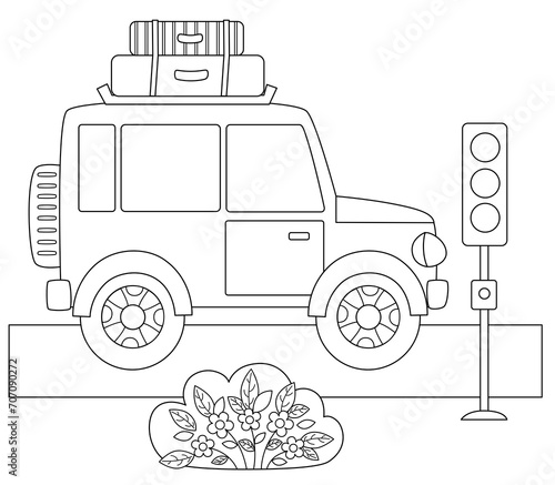  Car with baggage on the road. Outline for colouring