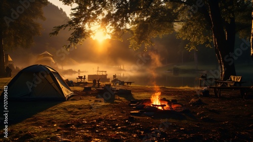 Camping Morning Tranquility  First Light Through Trees  Dew  Mist  Adventure