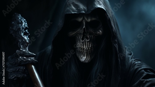 Grim reaper close up holding sickle black image Ai generated art photo