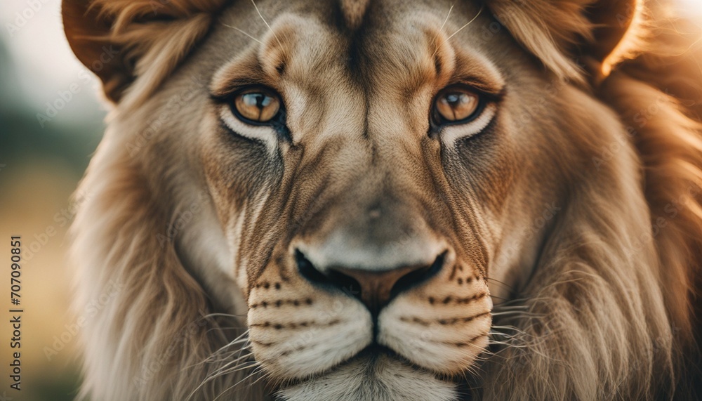 A close up of a lion looking at the camera