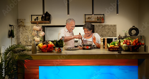 Konstfotografi Happy Indian Asian gen x old aged senior lover couple pair modern home kitchen e