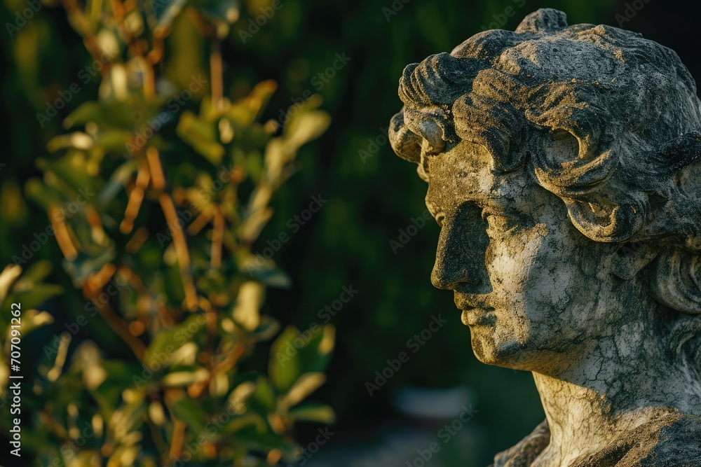Weathered statue in an ancient garden at dusk