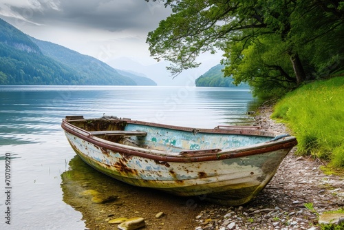 Weathered fishing boat on a peaceful lake shore