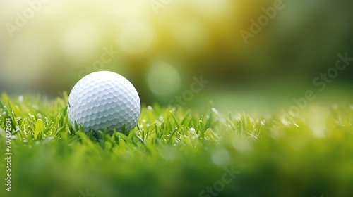 Golf ball on green grass with bokeh background, close up