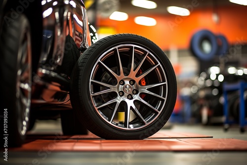 Detailed view of a high-tech tire in a well-organized tire shop. The shop's lighting highlights the texture of a featured, modern tire. © Eez Studio