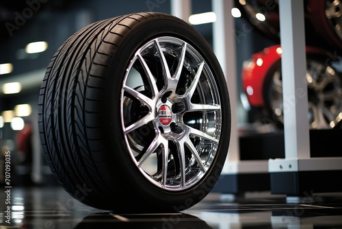 Detailed view of a high-tech tire in a well-organized tire shop. The shop's lighting highlights the texture of a featured, modern tire.