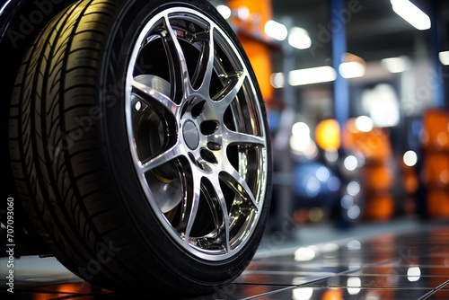 Detailed view of a high-tech tire in a well-organized tire shop. The shop's lighting highlights the texture of a featured, modern tire. © Chatpisit
